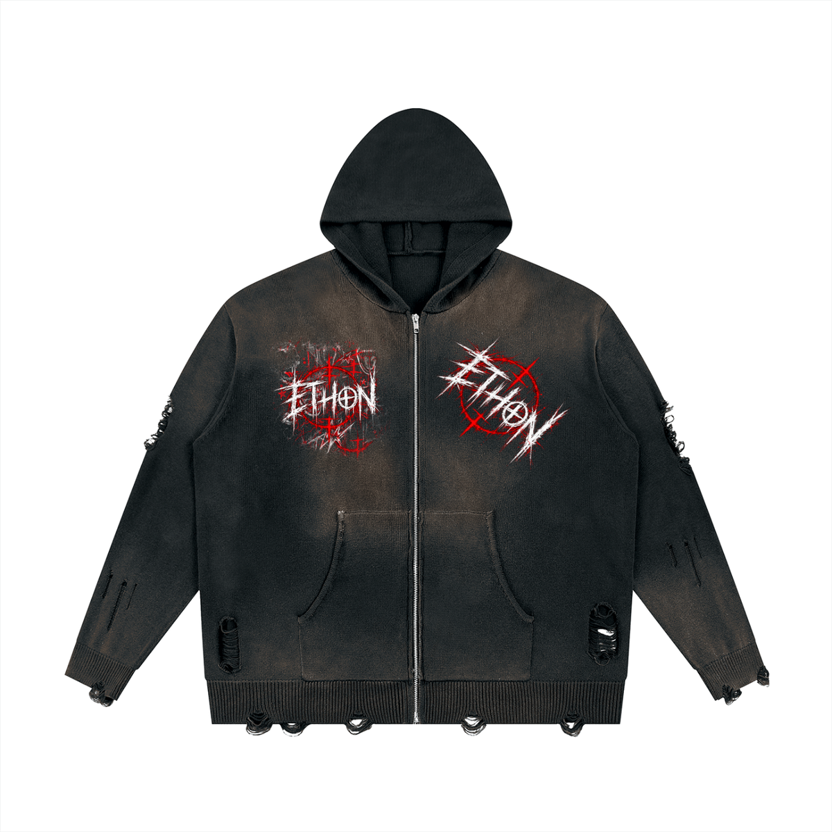 001 - LOUD Unisex Distressed Full Zip Sweater