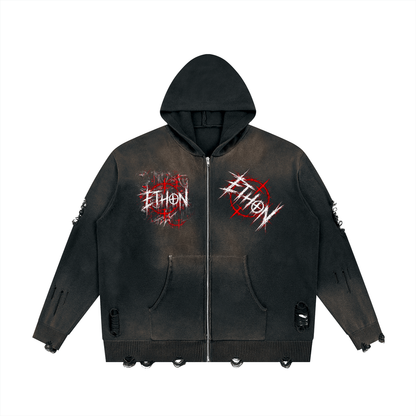 001 - LOUD Unisex Distressed Full Zip Sweater