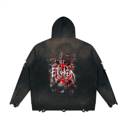 001 - LOUD Unisex Distressed Full Zip Sweater